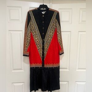 Vintage 80s Anthony Sicari Red Black Long Sleeves‎ Scarf Dress 12 USA Made